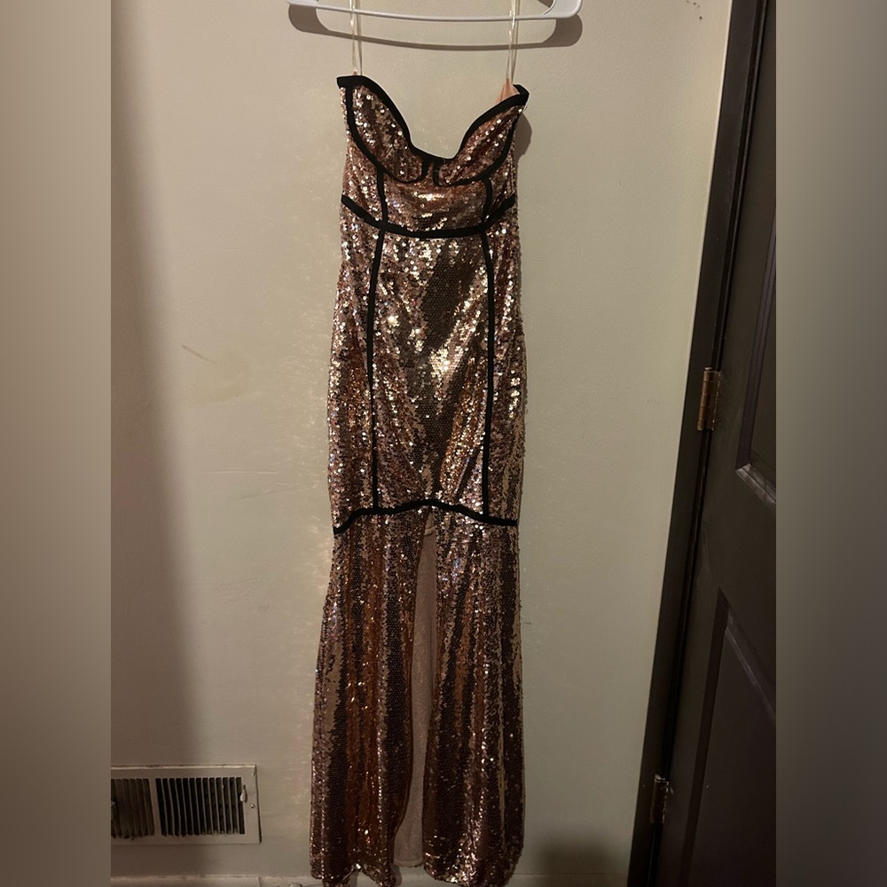 Strapless rosegold sequin long dress w/ slit by Wow (Gold Label), good condition